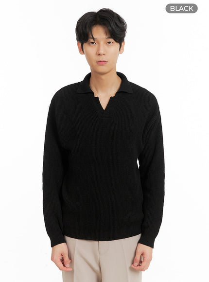 mens-v-neck-knit-polo-top-ia401 / Black