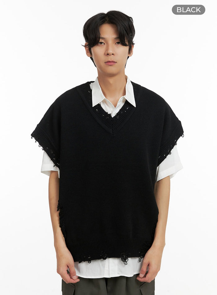 mens-distressed-v-neck-knit-vest-iy410 / Black