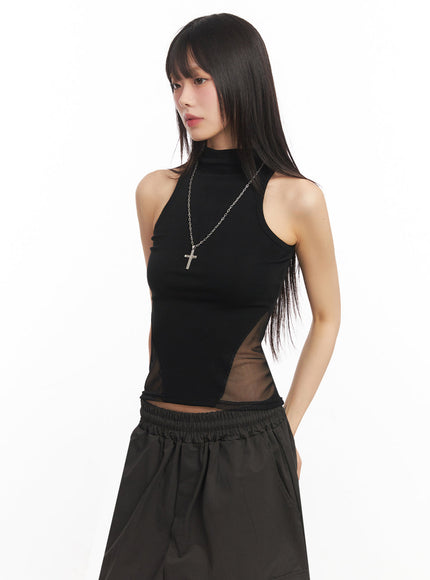 mesh-sleeveless-collared-crop-top-iy502 / Black