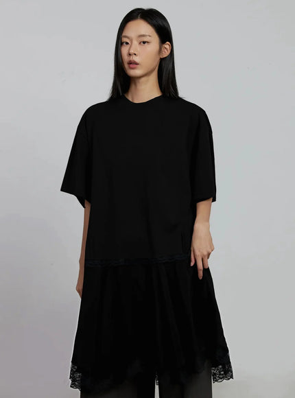 lace-layered-oversized-t-shirt-dress-im520 / Black