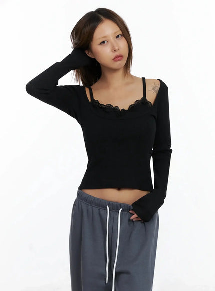 lace-cami-and-long-sleeve-set-in528 / Black