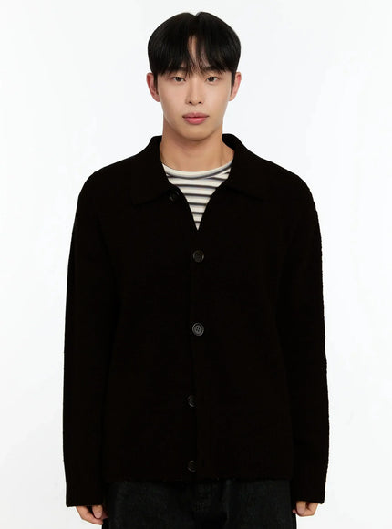 mens-simple-wool-collar-cardigan-in525 / Black