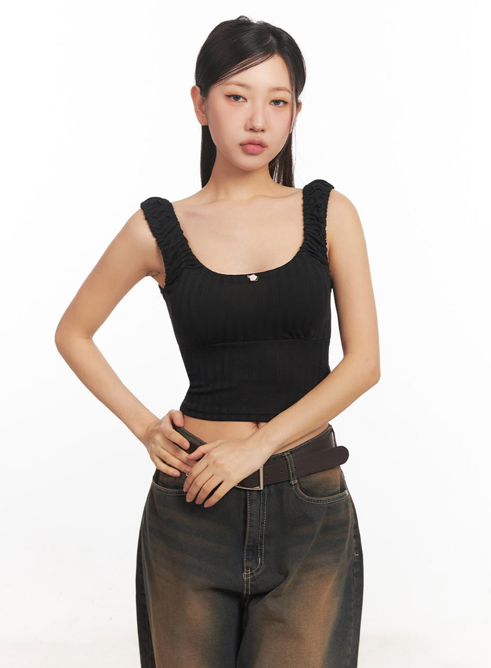 frill-shirring-crop-tank-top-ia524 / Black