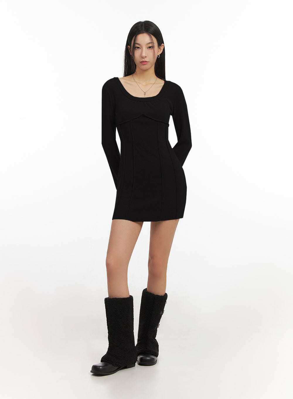 Cozy Long-Sleeve U-Neck Mini Dress ID431