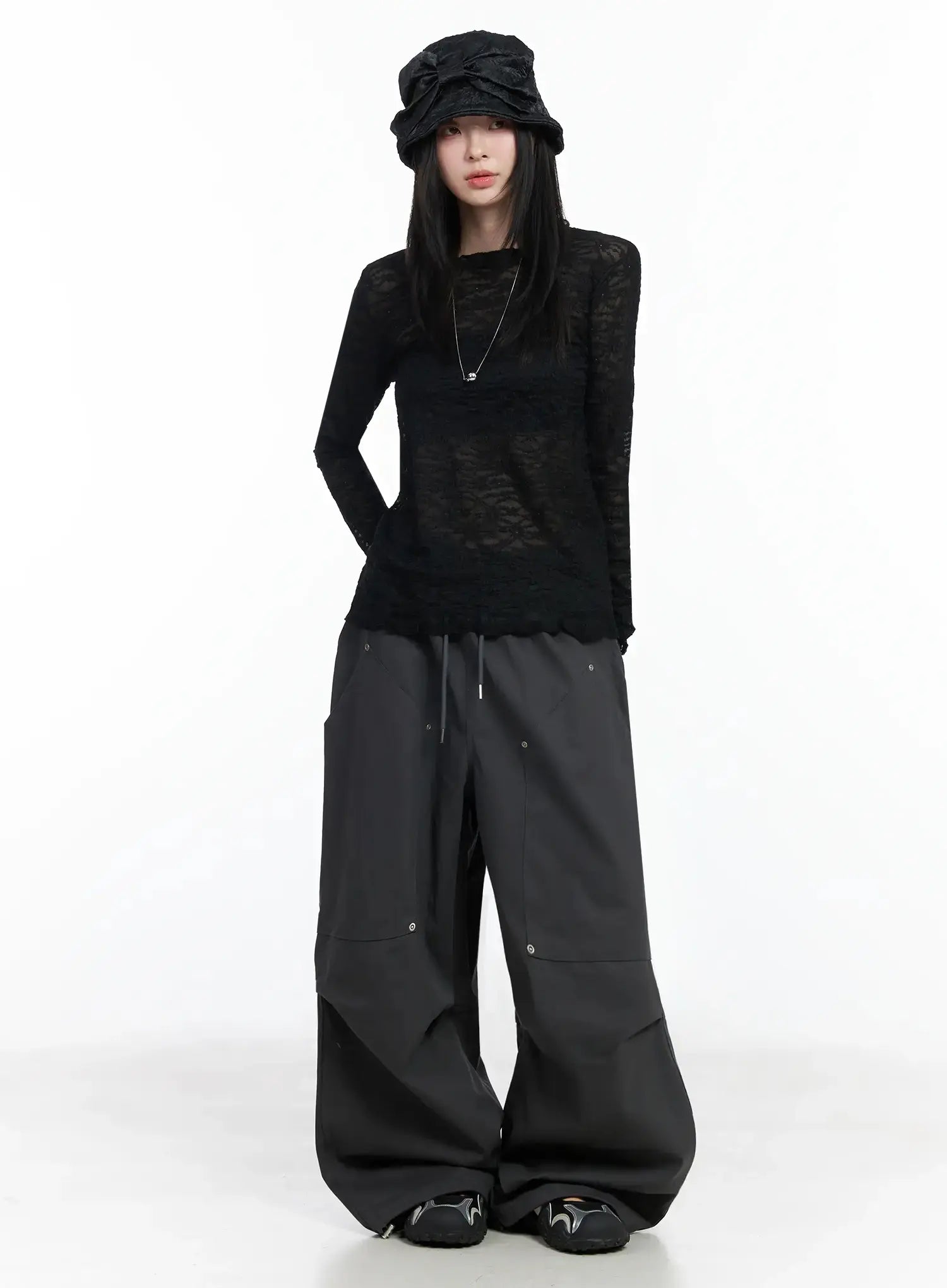 sheer-lace-long-sleeve-top-im509 / Black