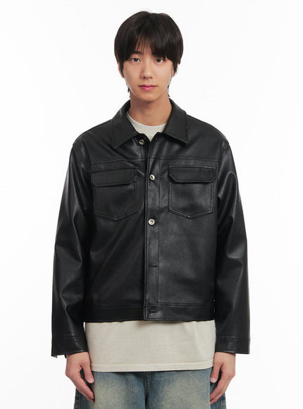 mens-faux-leather-collared-trucker-jacket-ia511 / Black