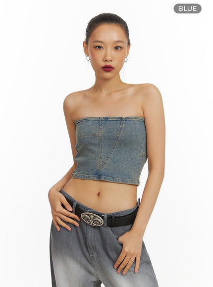 washed-denim-tube-top-iy422 / Blue