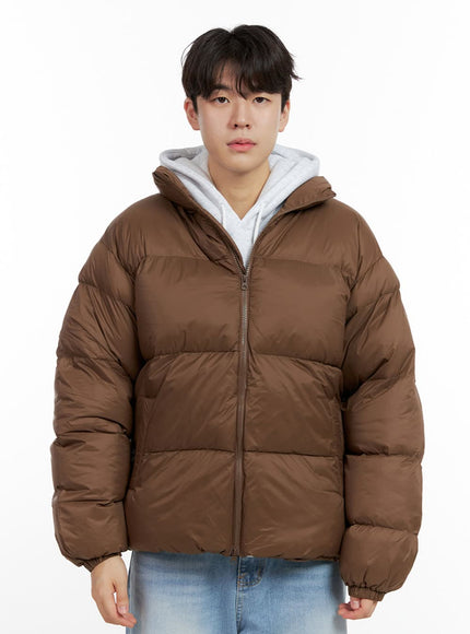 mens-long-sleeve-nylon-puffer-coat-in422 / Brown