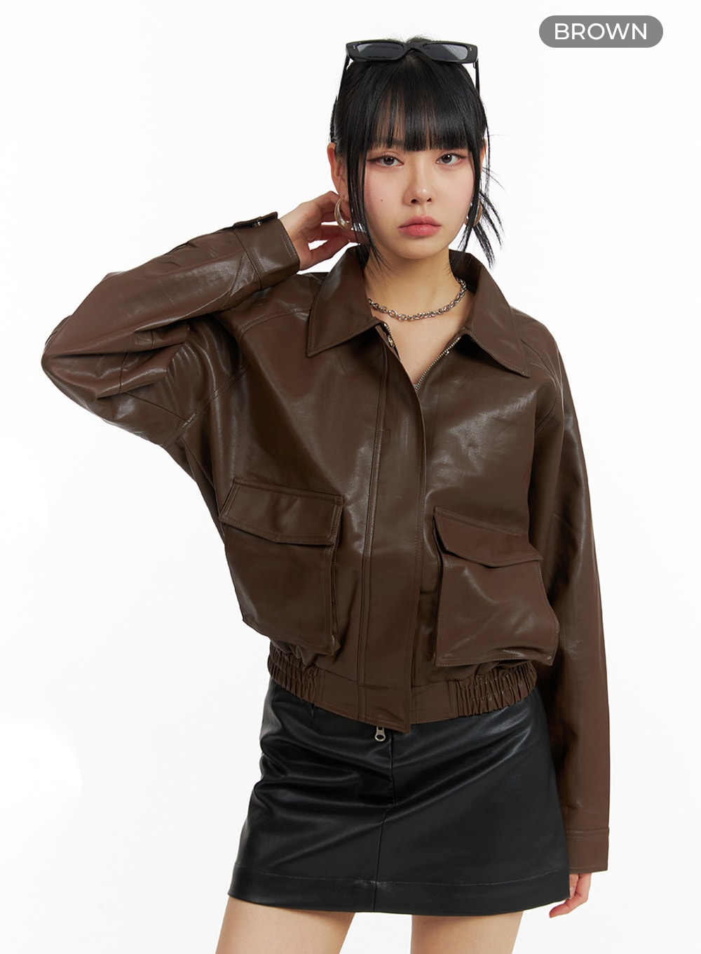 faux-leather-collar-pocket-bomber-jacket-im414 / Brown
