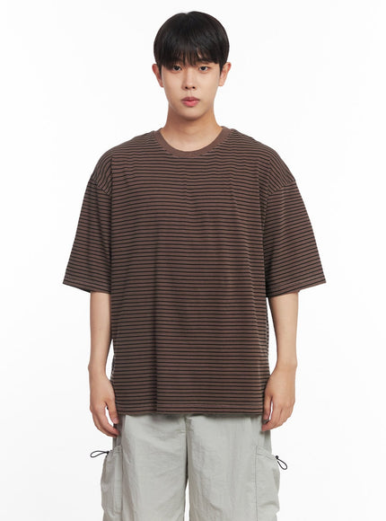 mens-cotton-striped-round-neck-t-shirt-iy522 / Brown