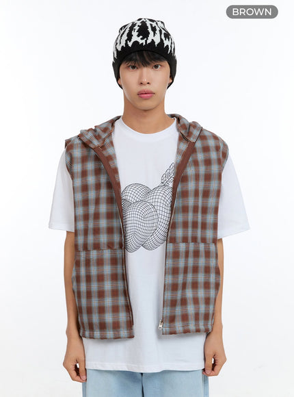 mens-checkered-zip-up-hooded-vest-ig416 / Brown