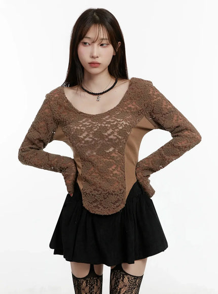 fleece-lace-long-sleeve-top-ij521 / Brown
