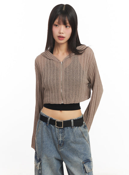 zip-up-sheer-hooded-cardigan-ia528 / Brown