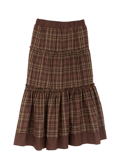 plaid-tiered-maxi-skirt-co515 / Dark brown