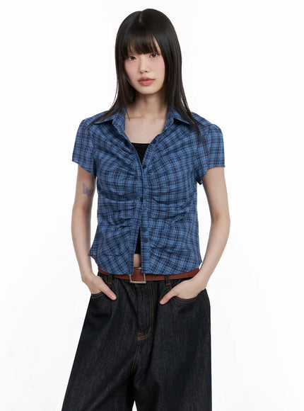 shirred-plaid-button-up-blouse-il531 / Dark blue