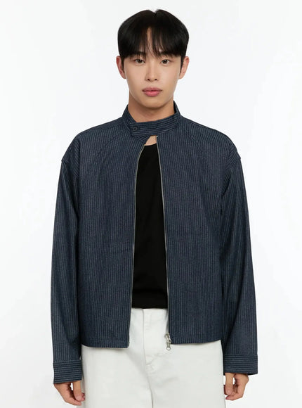 Men's Striped Denim Band-Collar Jacket IN525
