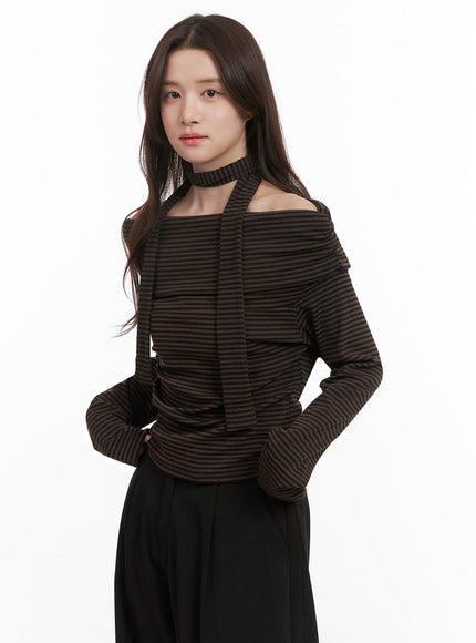 striped-off-shoulder-long-sleeve-top-ij510 / Dark brown