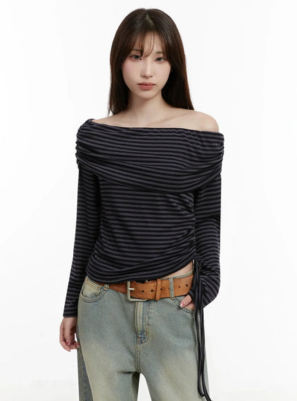 striped-off-shoulder-shirred-top-ij516 / Dark gray