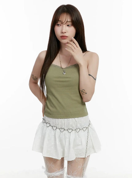 lace-trim-sleeveless-top-ij521 / Dark green