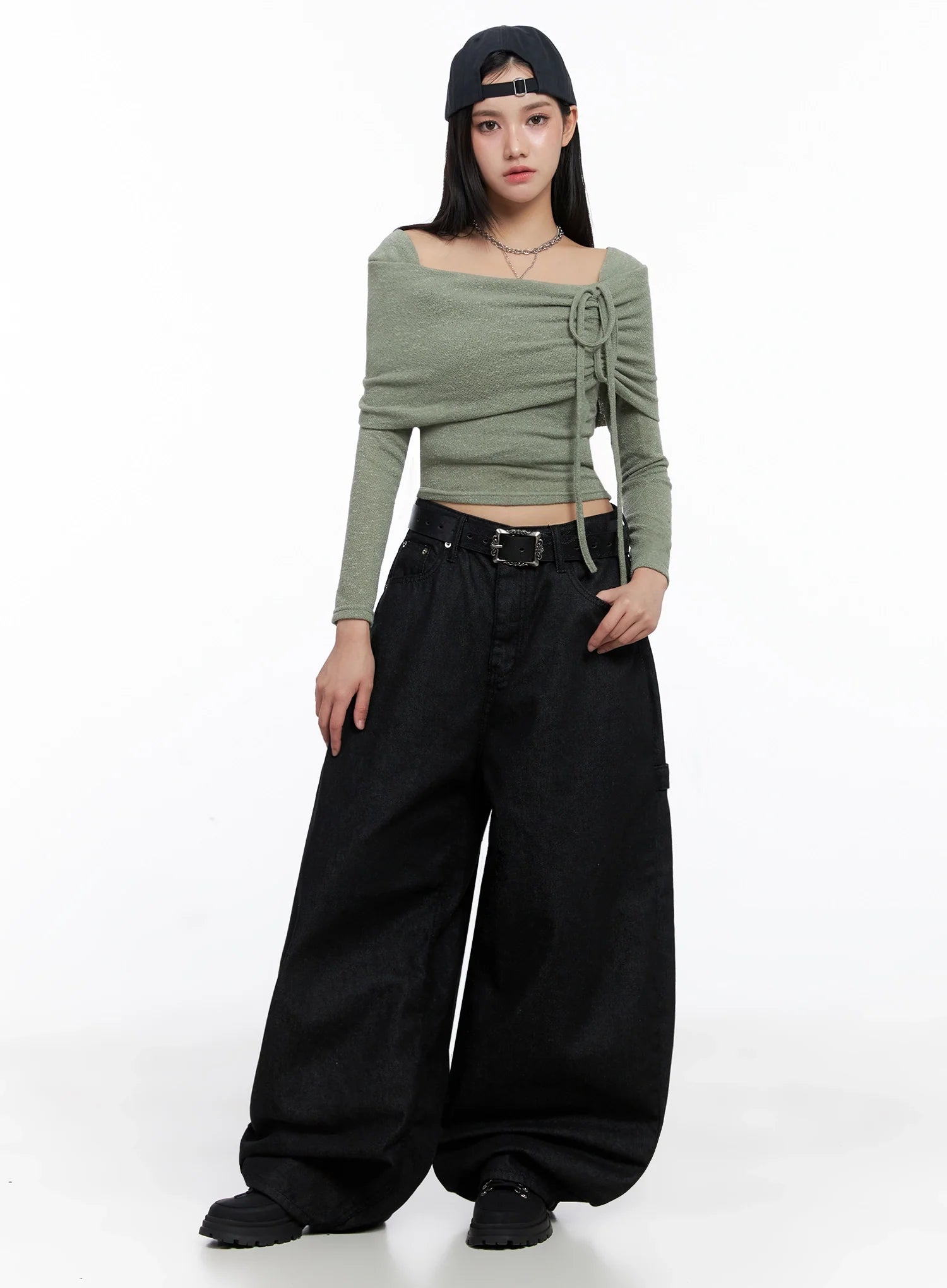 ribbon-off-shoulder-knit-top-is525 / Dark green