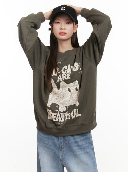 oversized-cat-graphic-crew-neck-ij527 / Dark green