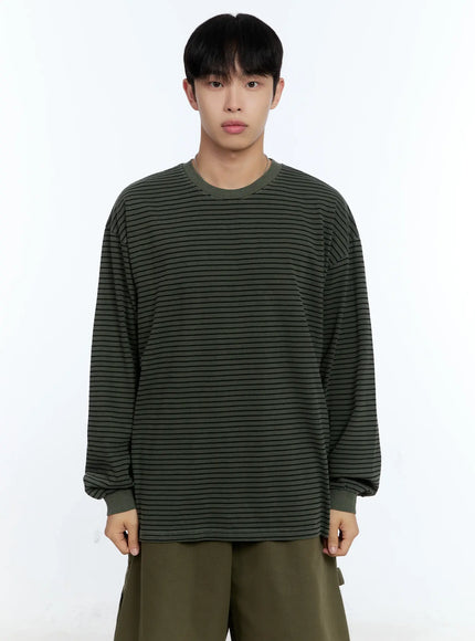 mens-striped-crewneck-long-sleeve-t-shirt-ig519 / Dark green