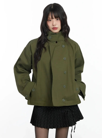 high-neck-short-trench-coat-f517 / Dark green