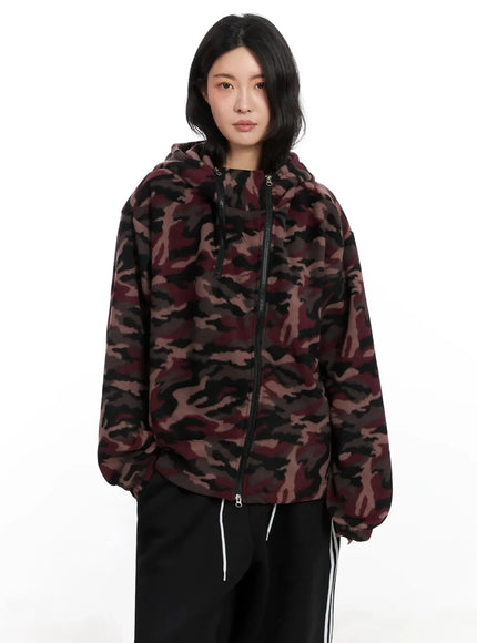 abstract-print-double-zip-fleece-hoodie-in528 / Dark pink