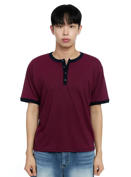 mens-striped-henley-t-shirt-ig520 / Dark red