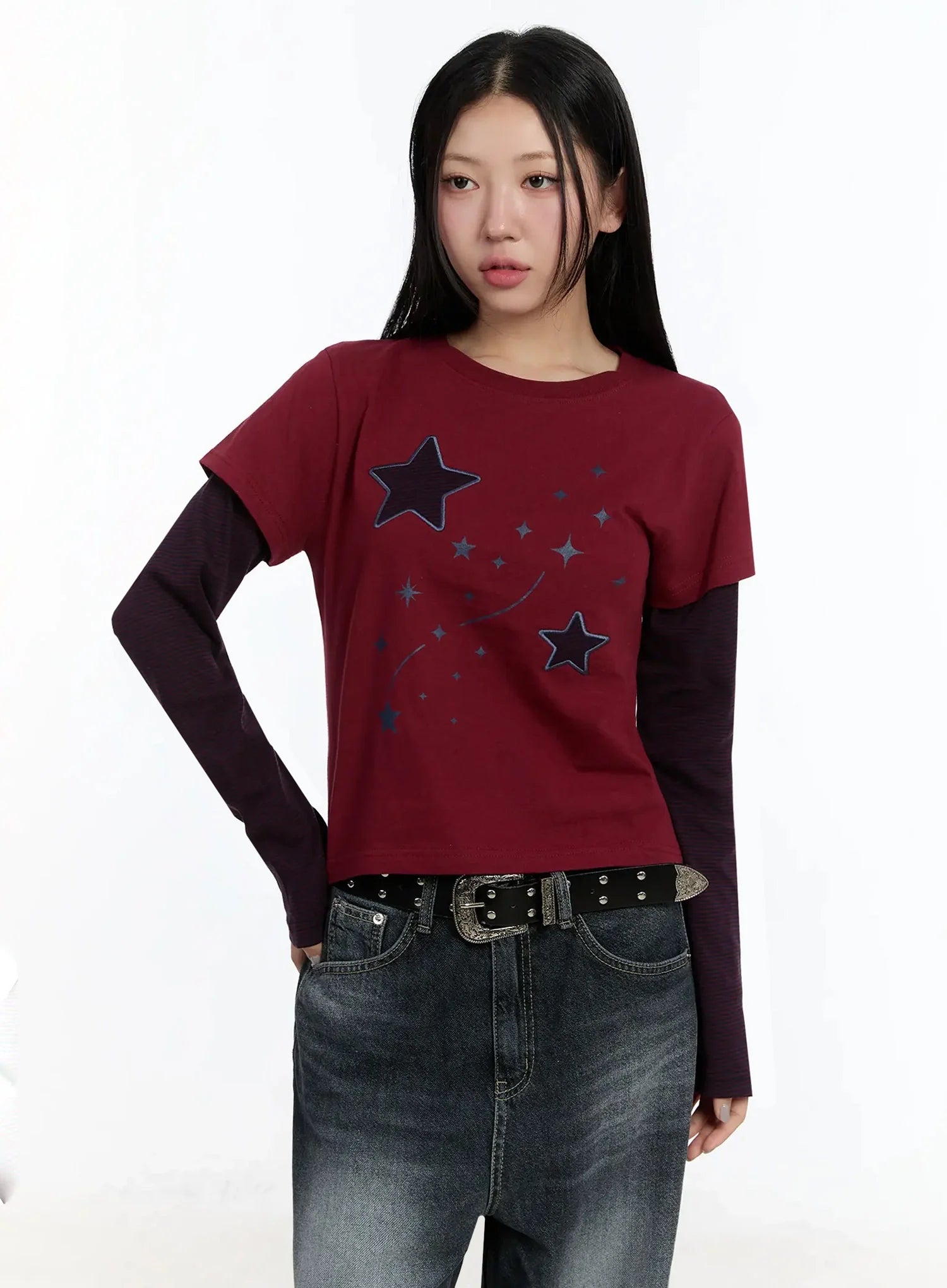 star-themed-layered-sleeve-top-im509 / Dark red