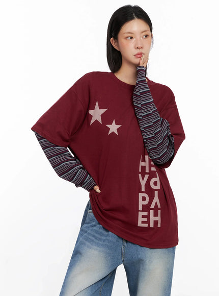 layered-star-print-long-sleeve-tee-is515 / Dark red