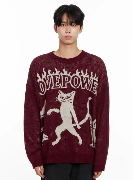 mens-oversized-graphic-knit-sweater-io516 / Dark red