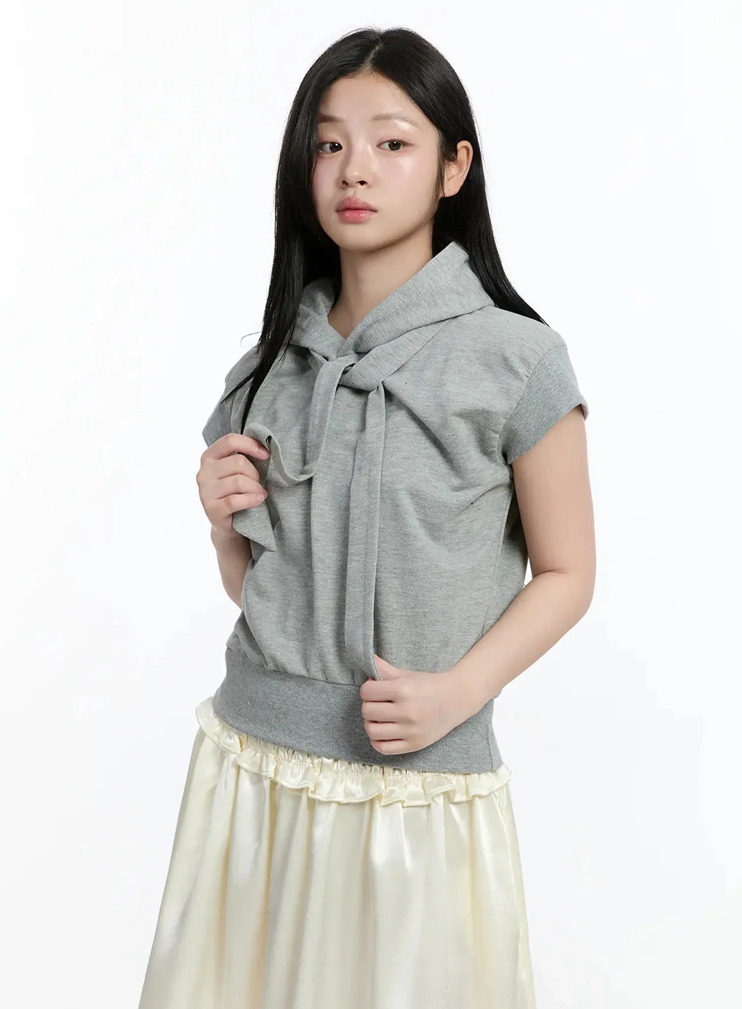 ribbon-detail-short-sleeve-hoodie-im519 / Gray