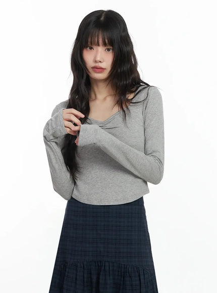 shirred-neck-long-sleebe-top-if505 / Gray