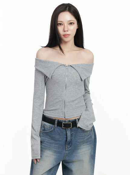 ribbed-off-shoulder-zip-up-tee-ij528 / Gray