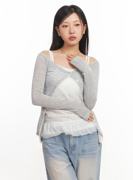 lace-buttoned-off-shoulder-cardigan-ia524 / Gray