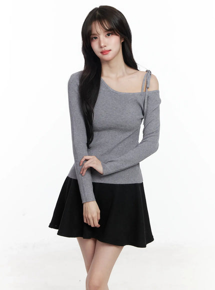 ribbon-off-shoulder-knit-top-ij529 / Gray