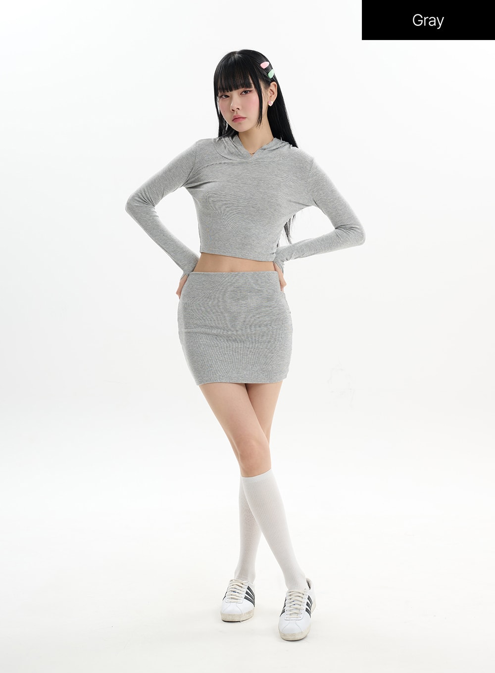 solid-long-sleeve-hoodie-mini-skirt-set-if413 / Gray