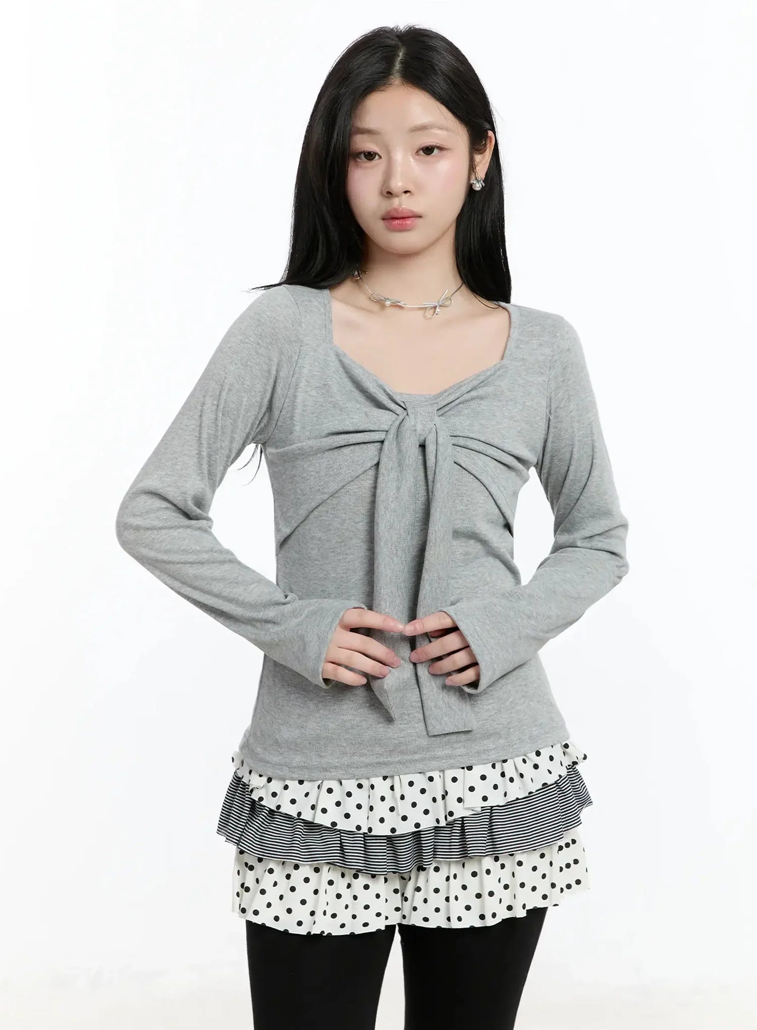 bow-tie-long-sleeve-top-im519 / Gray