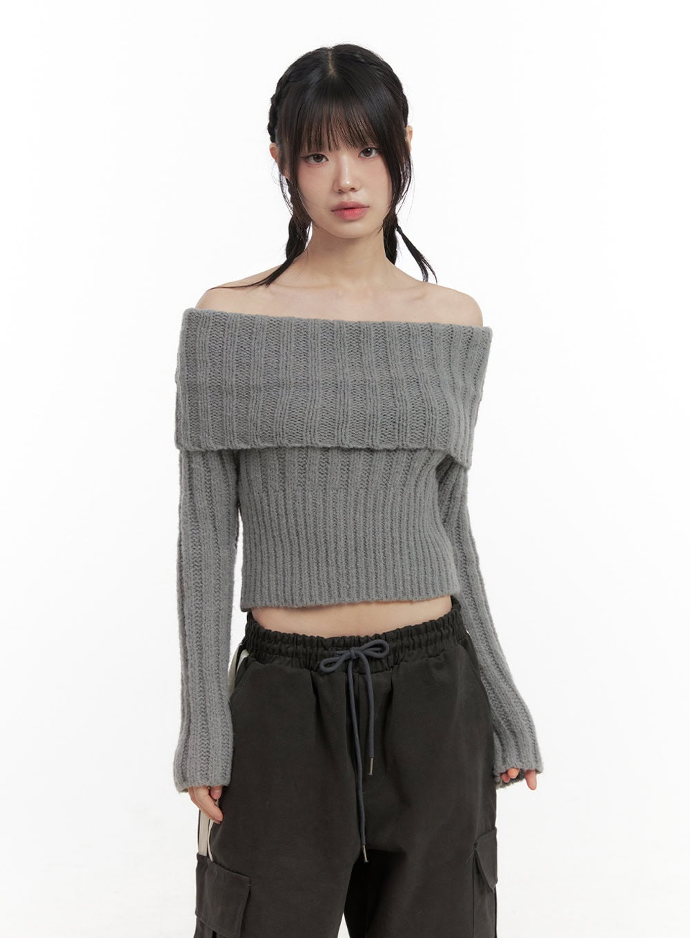 slim-fit-off-shoulder-sweater-id402 / Gray