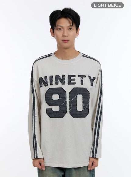 mens-patchwork-round-neck-long-sleeve-shirt-io428 / Light beige