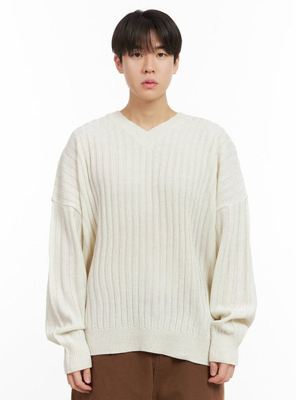 mens-loose-fit-v-neck-sweater-ij517 / Light beige