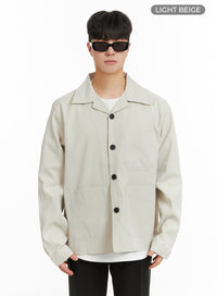 mens-buttoned-collar-polyester-jacket-ia402 / Light beige