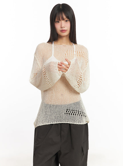 mesh-patterned-knit-top-ia521 / Light beige
