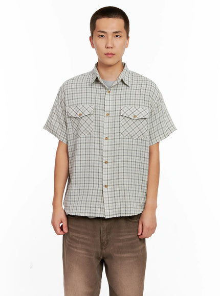 mens-plaid-short-sleeve-flannel-shirt-ig511 / Light beige