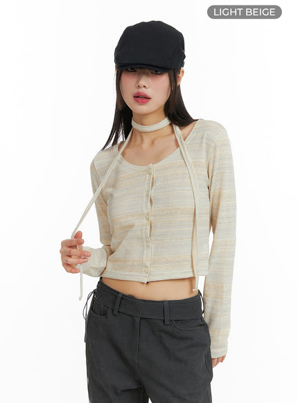 striped-button-cardigan-with-scarf-cf423 / Light beige