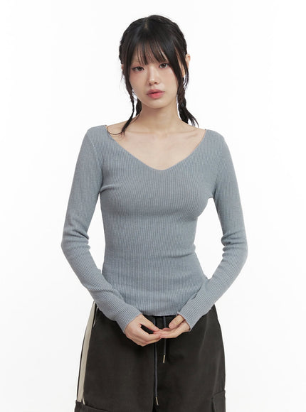 slim-fit-v-neck-long-sleeve-top-in427 / Light blue