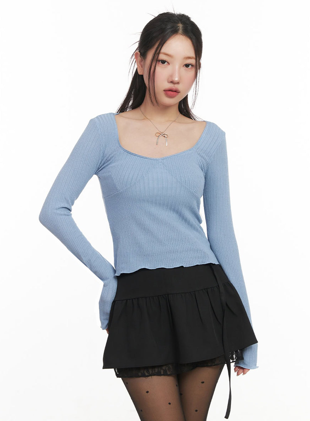 Ribbon Lace-Trim Long-Sleeve Top IM524