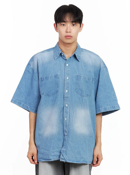 mens-washed-denim-button-up-top-il516 / Light blue