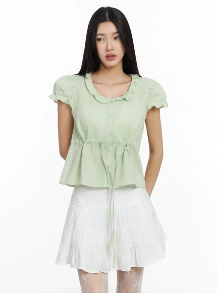 ruffled-ribbon-tie-short-sleeve-blouse-im530 / Light green